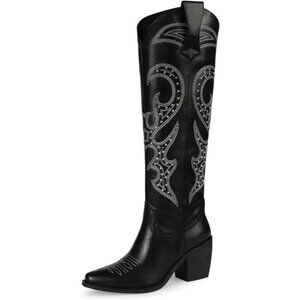 Womens Black Knee High Embroidered Cowboy Western Boots Rhinestone Size 9